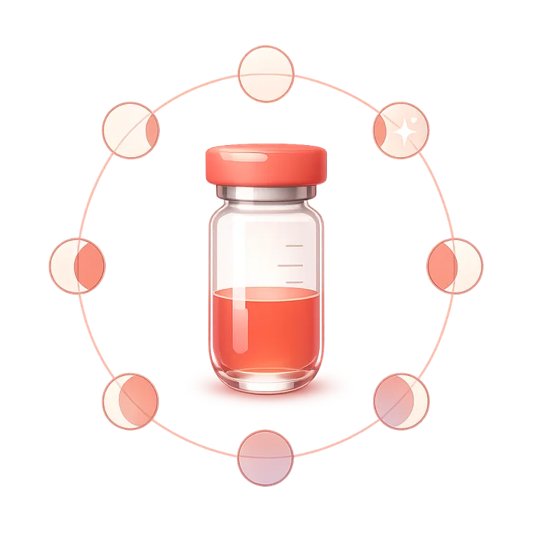 Peptide vial encircled by menstrual cycle phase icons