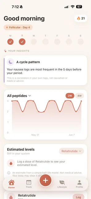 PepFem home screen with dose tracking and cycle insights