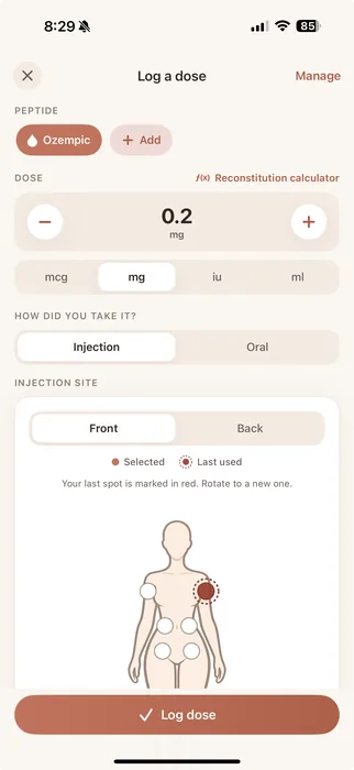 PepFem log a dose screen with peptide, dose amount, and injection site picker
