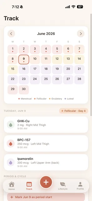 PepFem cycle calendar showing menstrual phases and dose history